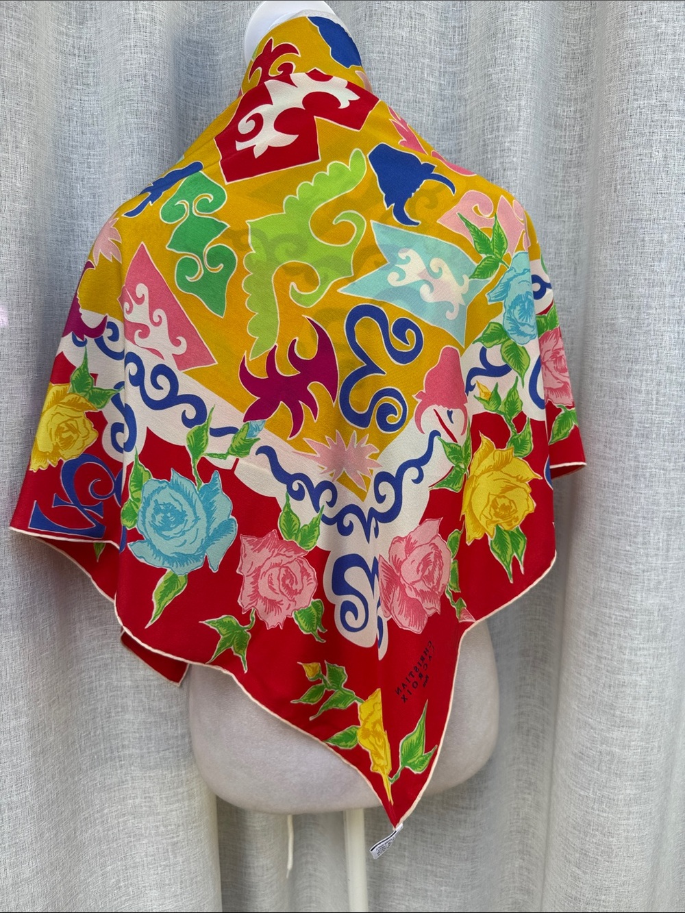 Christian Lacroix silk scarf vibrant red border adorned roses and word TOROS